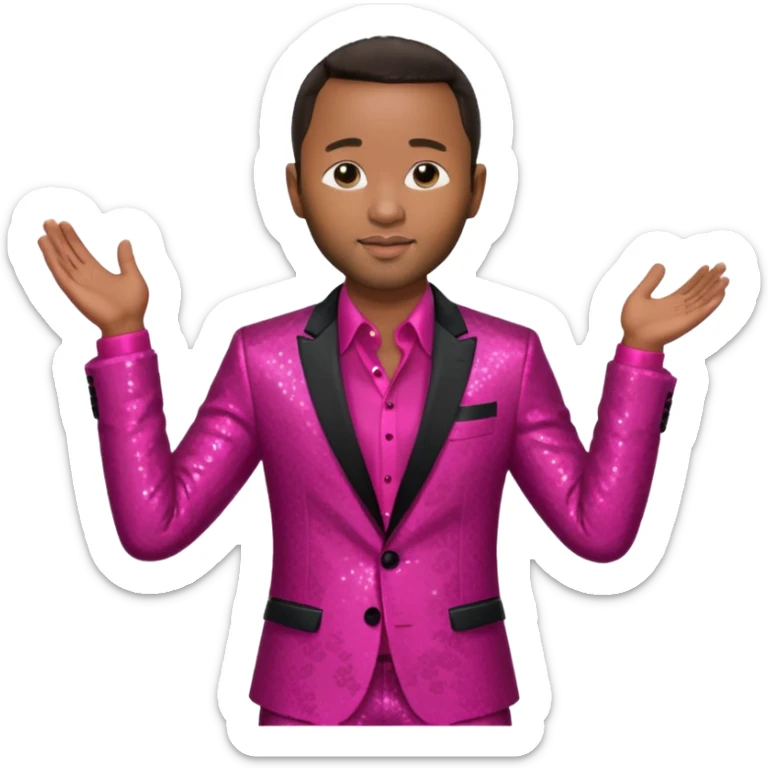 John Legend with dark brown hair, dark pink sequin suit jacket, red shirt sticker