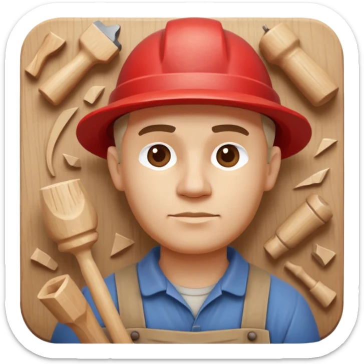 wood carving carpenter portrait, head and shoulders only, carving wooden figure with chisel, wood shavings visible, focused craftsman expression, artisan workshop vibe, 3D cartoon style, mobile game icon style, clean background, no text, no watermark
 sticker