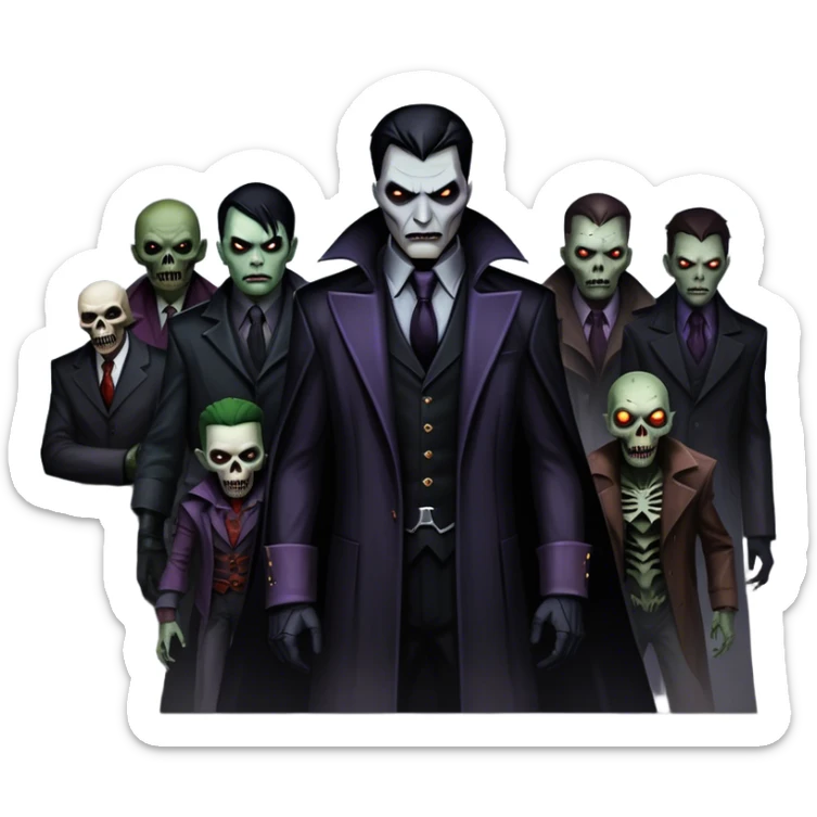 Icon for Thriller Movies: A large, dramatic collage featuring sinister villains and zombies in dark clothing. The background shows the gloomy cityscape of Gotham with dim lighting and eerie shadows. The atmosphere should be tense, mysterious, and suspenseful. Transparent background. sticker