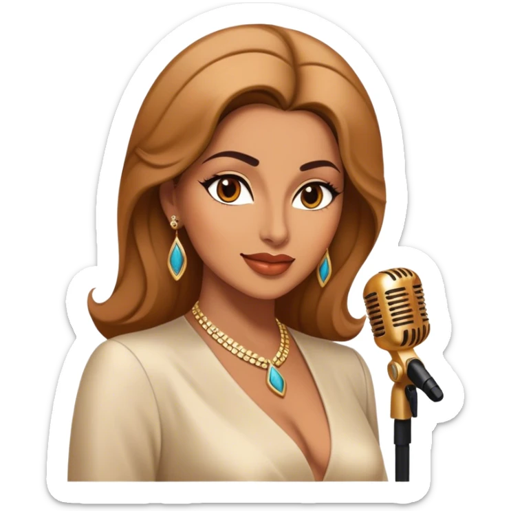 Cinematic Realistic Fairuz Portrait Emoji, depicted as an iconic Lebanese singer with graceful soulful expression and elegant attire, rendered with lifelike textures and warm radiant lighting that captures her timeless musical allure. sticker