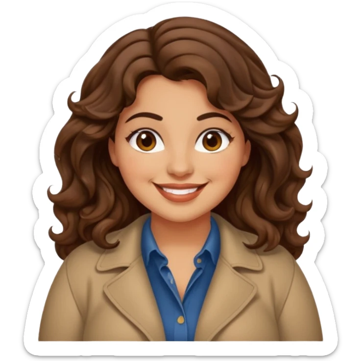 30 yr old italian woman, chubby, brown wavy hair, big brown eyes, huge smile, trendy clothes sticker