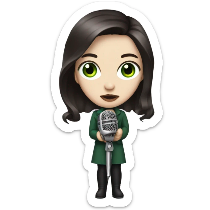 A pop singer with a microphone, dark brown hair and pale skin and dark green eyes sticker
