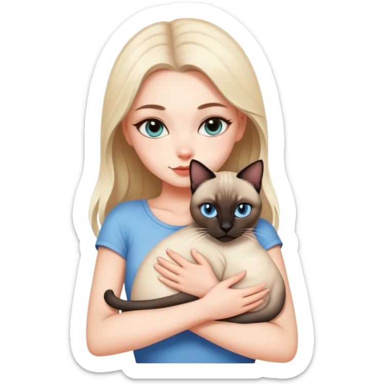 A beautiful and sexy white girl hugs a Siamese cat tightly sticker