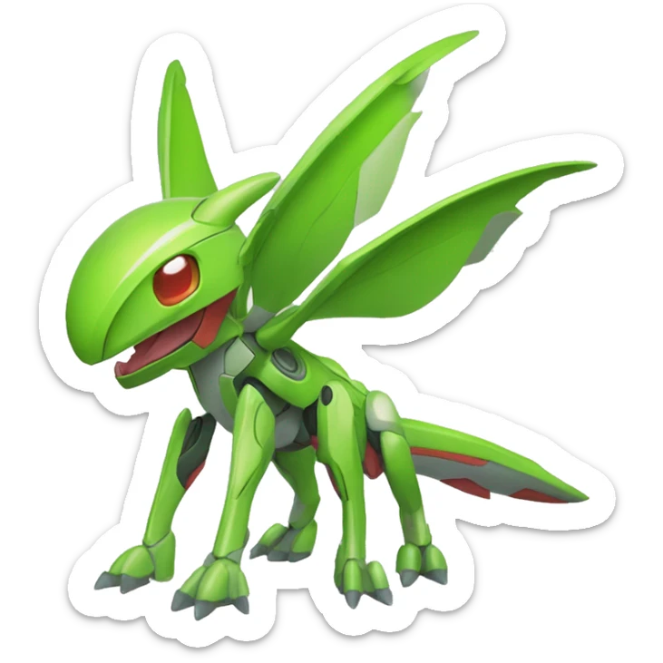 a shiny green Genesect-Flygon-Raptor-Fakémon—hybrid with a futuristic visor-helmet full body sticker