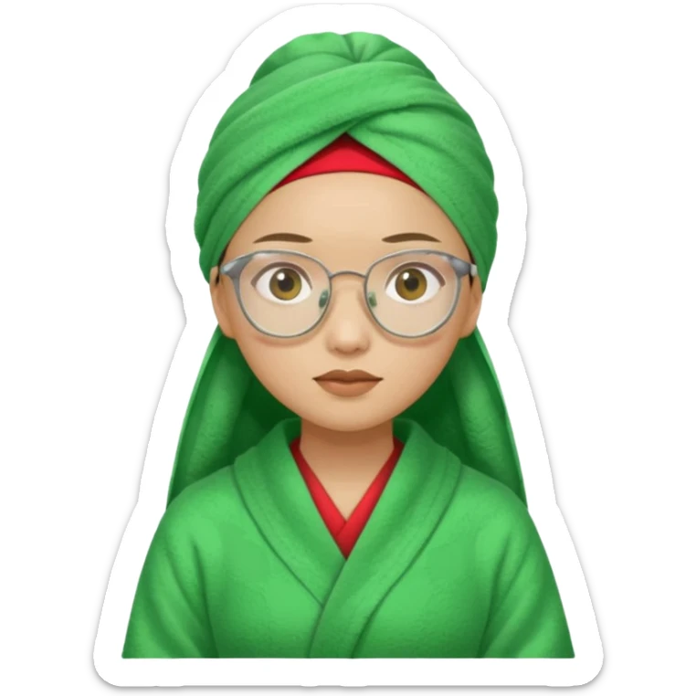 Asian woman wearing a green towel in her head with a broken glasses on her face in red pajamas sticker