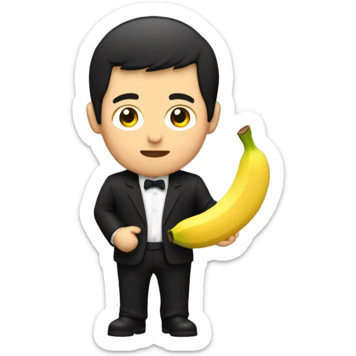 An Asian man in a black suit and black shirt with a banana in his hand is eating it sticker