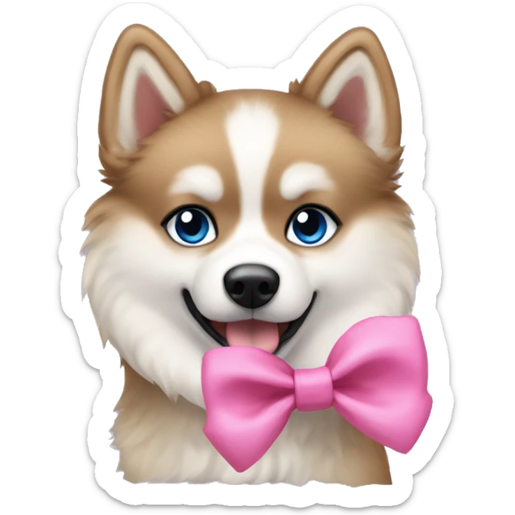 A pomsky dog with black and beige fur, blue eyes and wearing a pink bow in the head sticker
