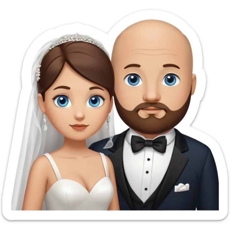 blue-eyed overweight bald man with a beard in a tux and brunette bride with brown eyes sticker