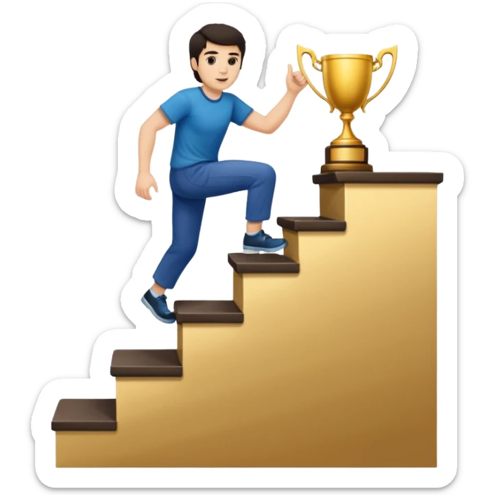 A man with fair skin and dark hair is climbing stairs to grab a trophy on the top step. sticker