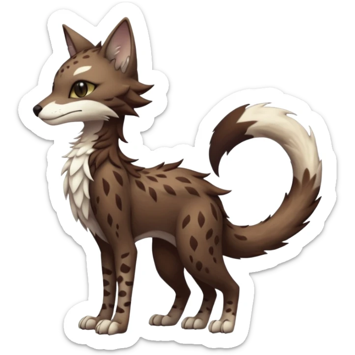 Kawaii dark edgy brown beige white fantasy ethereal feline-vernid-sergal-rocruff-fursona animal creature with a tufted tail full body with intricate markings  sticker