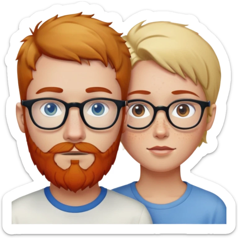 Pale Man with blonde hair and blue eyes and red beard and woman with short brown hair and olive skin and freckles and glasses and hazel eyes sticker