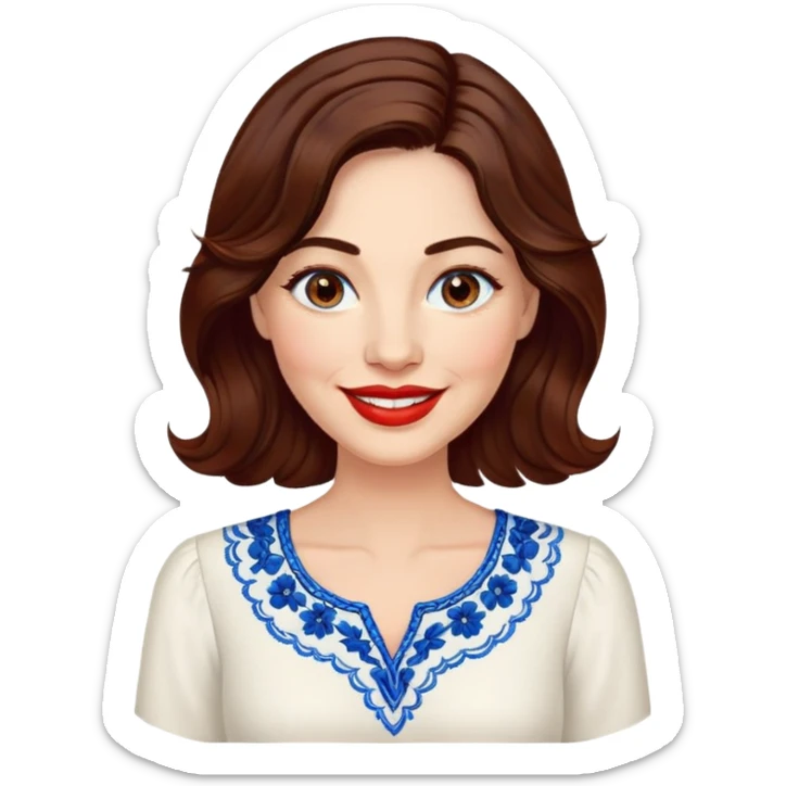 40-year-old woman with luminous fair skin, round face, wide smile, large light brown eyes, vibrant red lips, shoulder-length dark brown wavy hair, wearing white blouse with blue embroidery and electric blue neckline, mature but youthful appearance sticker