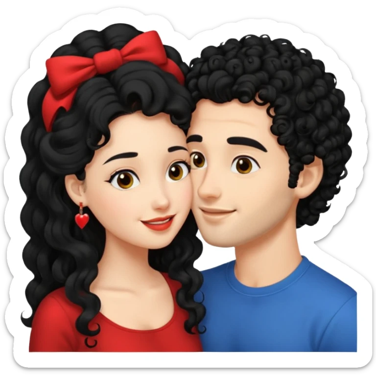 a handsome man with black curly hair tries to kiss a cute woman who has long black hair sticker