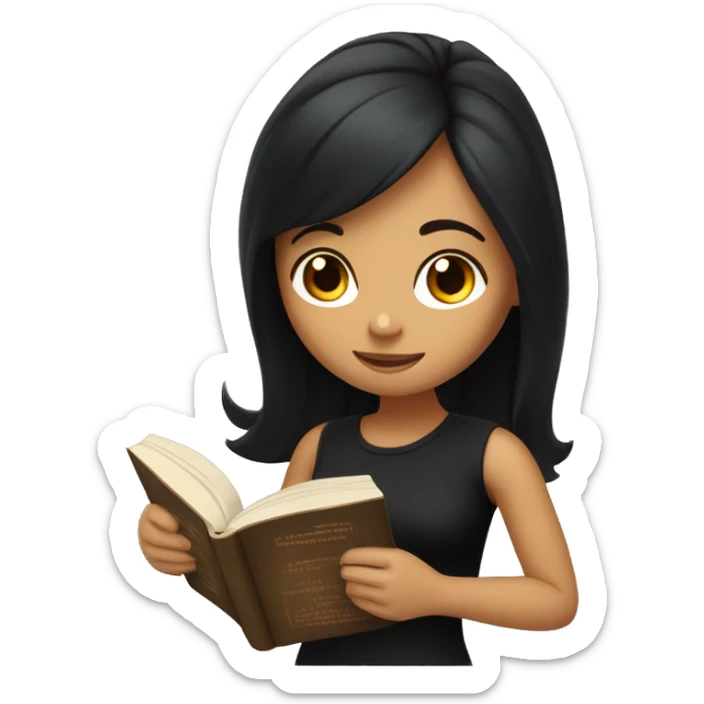 Girl with tan skin and long black hair and black shirt reading a book sticker