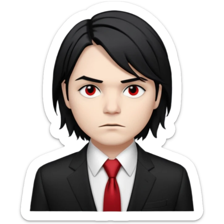 🎨 Classic Emoji — Gerard Way (Revenge Era)
Round, simplified emoji style
Pale skin tone
Jet-black, shoulder-length hair
Heavy eyeliner and slight red shadow under the eyes
Subtle serious / melancholic expression
Hint of red tie visible on black suit
Transparent background sticker