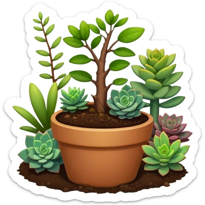 Close-up of a potted sapling in rich soil surrounded by vibrant plants and succulents. Bright sunlight filters through the window, casting soft shadows. Nearby gardening tools rest on a wooden table. Cozy indoor atmosphere with greenery and flowers. sticker