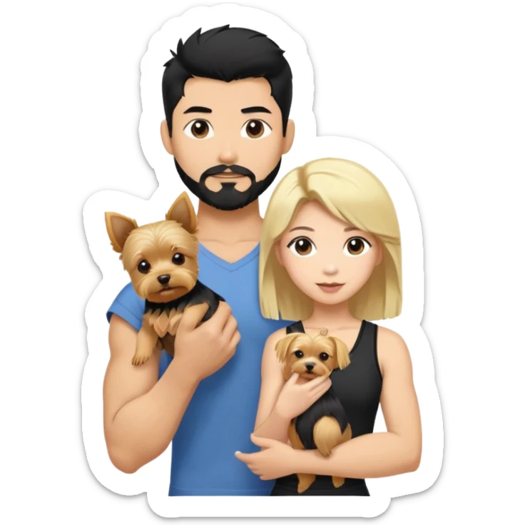  Blonde female.  Holding a blonde yorkie. Dark haired Korean Asian handsome man with black pointy hair full goatee and biceps sticker
