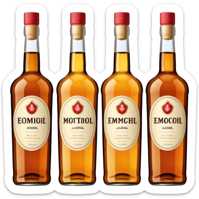 Four bottles of alcohol, each with distinct shapes and labels, arranged neatly in a row. The bottles should vary in color and size, with detailed labels and caps. sticker