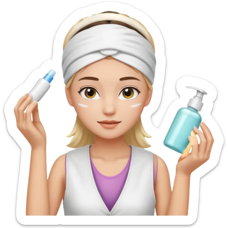 Clean girl aesthetic emoticons, apply skincare products, headband, glowing skin, white vest, soft lighting sticker