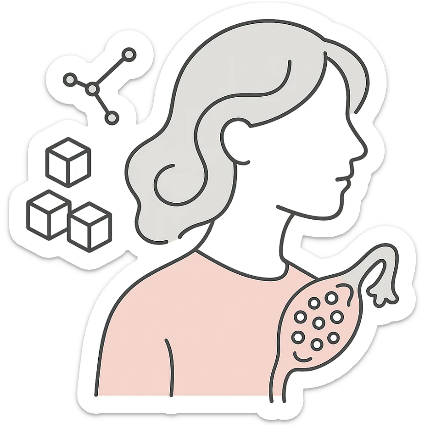 pastel abstract art of a woman's silhouette with swirling hair, sugar cubes, and constellation-shaped polycystic ovaries, minimalist medical style sticker