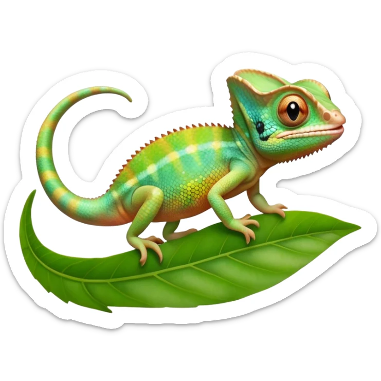 cinematic cute-smiling baby chameleon-realistic emoji,-blending-with-vibrant-greenery.-detailed-scales-in-shifting-colors,-showing-the-chameleon’s-ability-to-camouflage.-soft-natural-light-highlights-its-texture.-light-background, zoomed into its face sticker