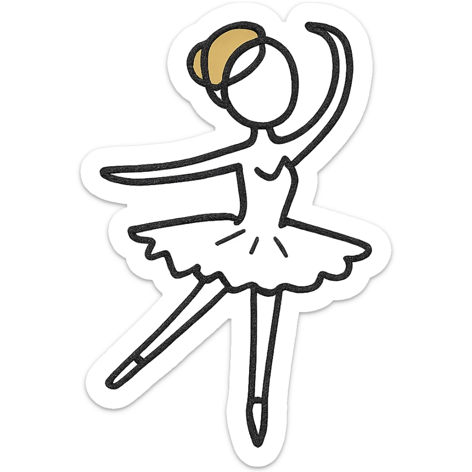 minimal flat icon of ballerina with blonde hair and white skin, simple lines, white tutu, elegant silhouette sticker