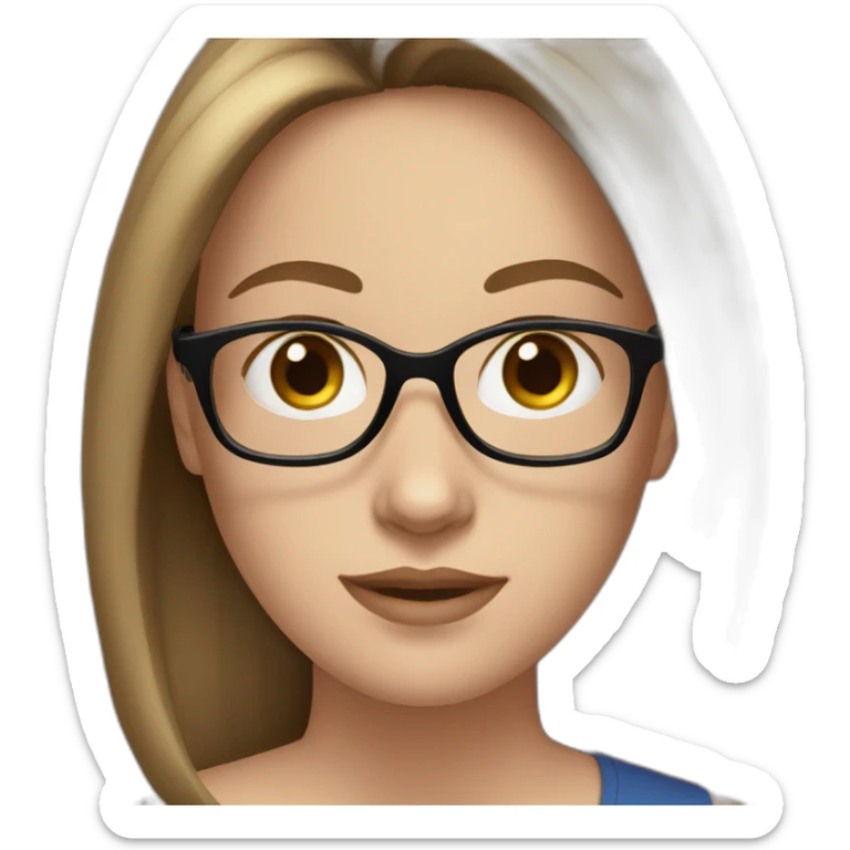 young white woman, brown straight hair, blue eyes, wearing glasses with black frame sticker