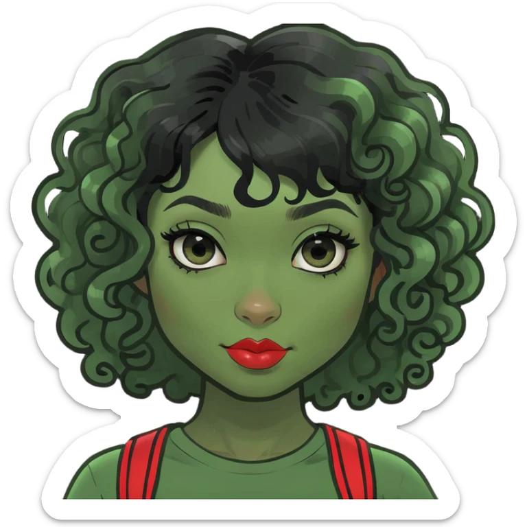 zombie girl with curly black hair and red streaks, memoji style, cute appearance sticker