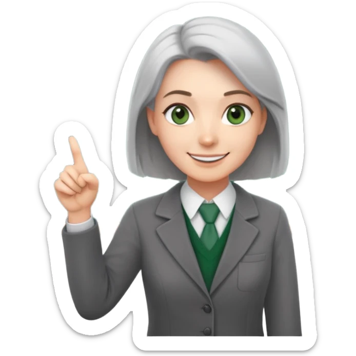 smiling English teacher with airtouch hair and grey-green eyes pointing at a chalkboard with present simple tense table sticker