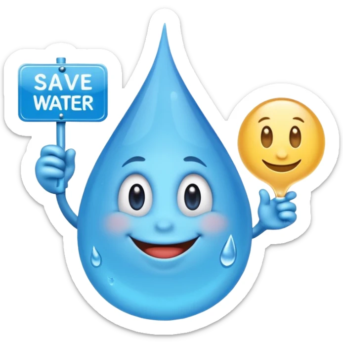 A smiling cartoonish, blue water, droplet character holding a sign saying, save water save money sticker