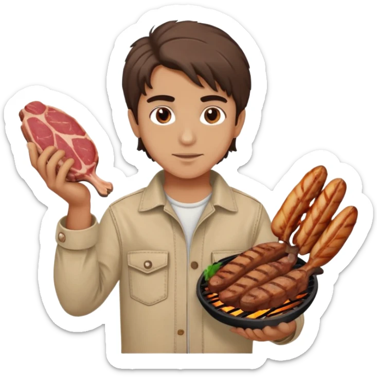 Turkish beautiful finish Konya boy good hair and brown eyes with beige denim clothes and had on his hand grilled meat sticker