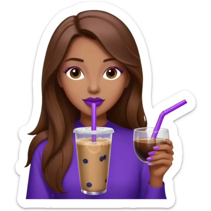 girl with long brown hair and wine lipstick drinking a blueberry butter pecan iced coffee with a purple straw  sticker