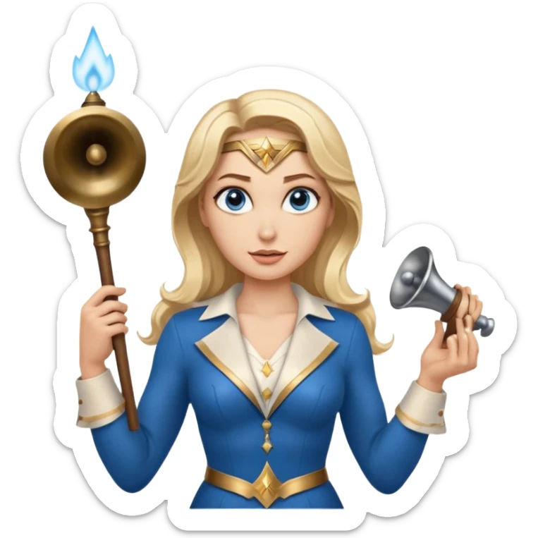 Blonde blue eyes Wonder Woman holding bell and short white orchestra conductor’s baton  sticker
