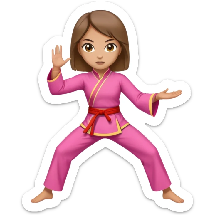 A light skinned woman with brown waist length hair and hazel eyes doing kung fu in a pink outfit sticker