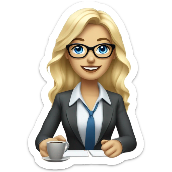 Corporate blonde boss lady with glasses happy blue eyes sitting at a desk drinking coffee  sticker