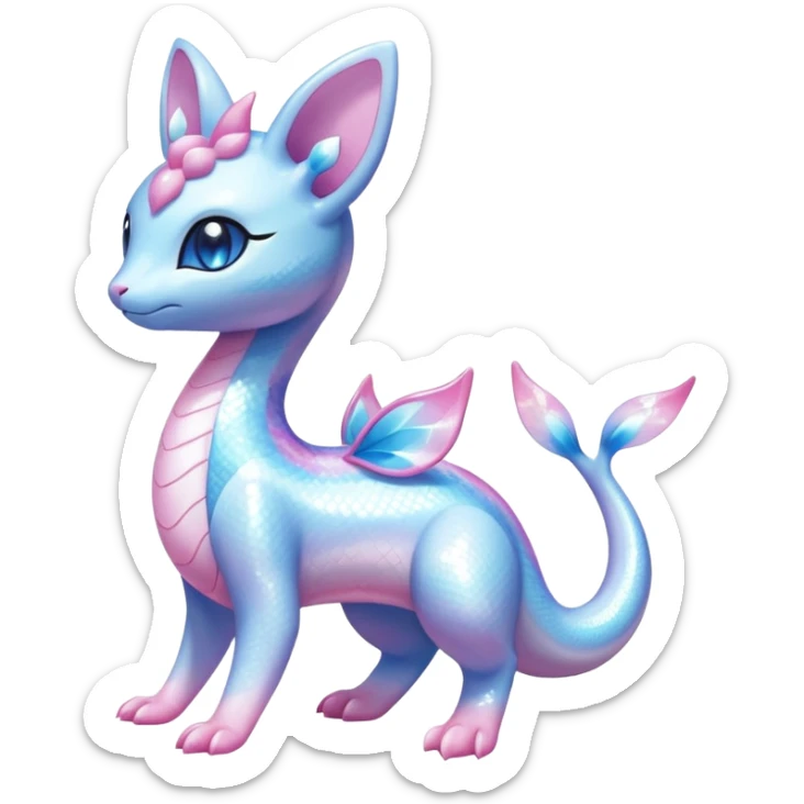 Shiny Pastel Translucent Sparkly Skitty-Dratini-Sylveon-Lumineon-Dragonair-Fakémon-hybrid-creature (full body)  sticker