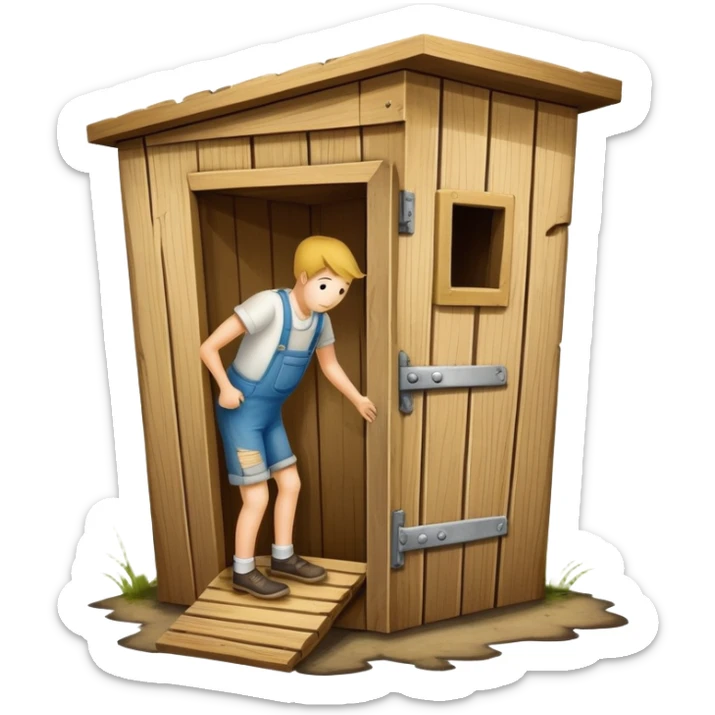 A trophy in the shape of an outhouse with a persons legs breaking out of the bottom at the base “I stink at FF” sticker