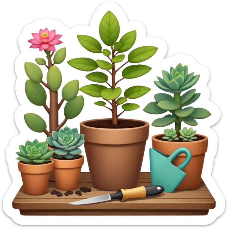 Close-up of a potted sapling with vibrant flowering plants around it, in rich soil. Sunlight filters through the window, casting soft shadows. Cozy indoor garden with blooming flowers, succulents, and gardening tools placed neatly on a wooden table. sticker