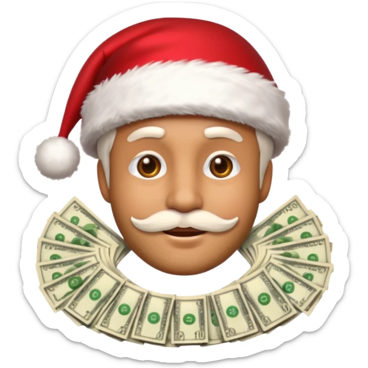 A confident rich emoji face wearing a Santa hat, money stacks, casino vibe, New Year theme, premium 3D emoji style, sharp details, no t sticker