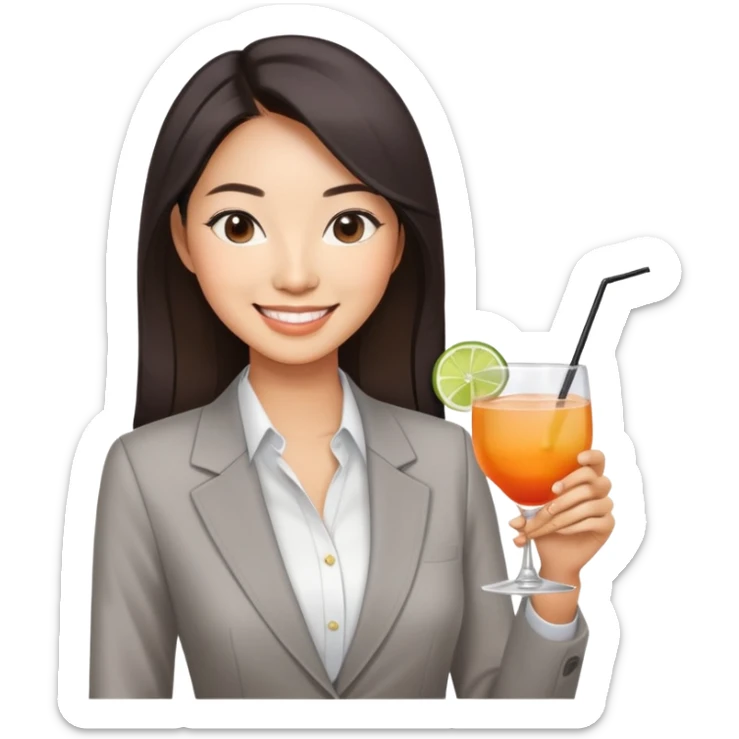asian women business casual clothing, smiling, holding cocktail glass socializing at a work party sticker