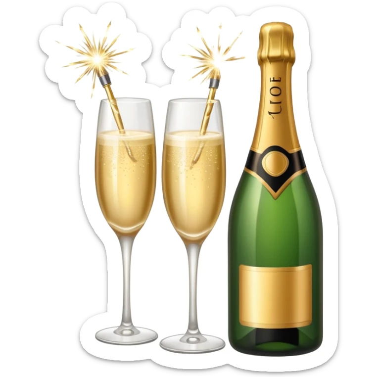 champagne bottle and champagne glasses and champagne sparklers on the bottle sticker