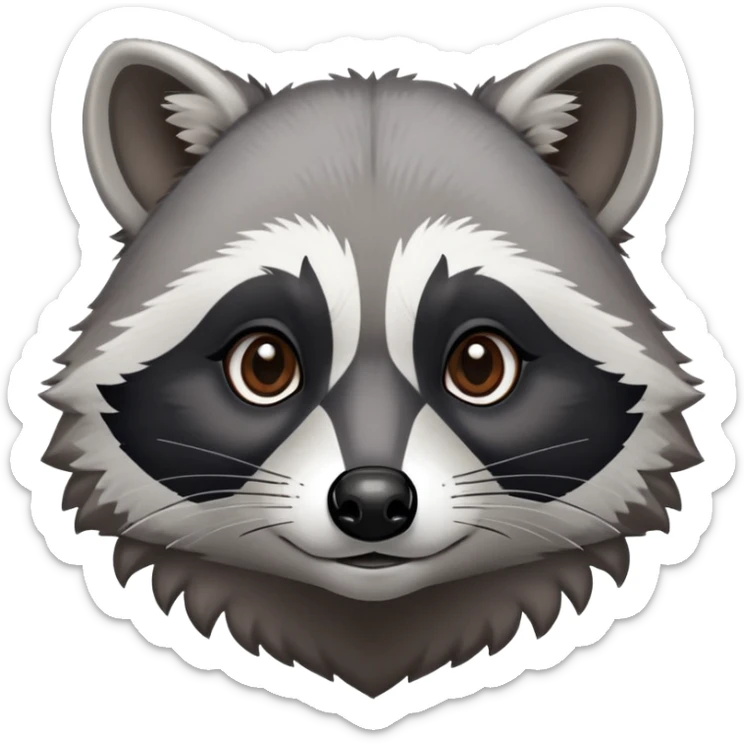 Cinematic-Noble-Raccoon-Portrait-Emoji – Poised and confident, with a sturdy build and a beautifully textured fur of silver-grey accented by dark black facial markings, deep-set, intelligent brown eyes, simplified yet sharp and sophisticated zoom out to show shoulders sticker