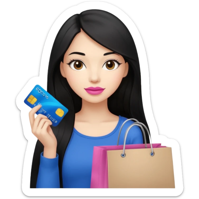 Girl with long black hair, pink lipstick, brown eyes holding shopping bags and blue credit card sticker