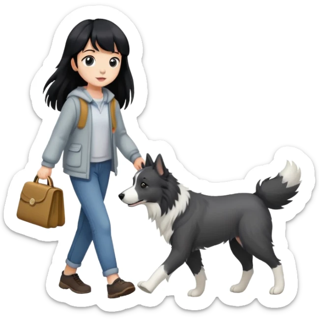 A girl with long black hair and bangs walking with a gray Border Collie sticker
