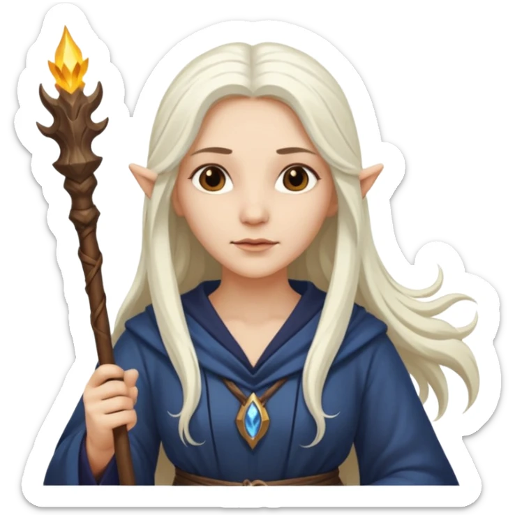 White Long Haired Women, Sorceress with staff — flowing white hair, calm face. sticker