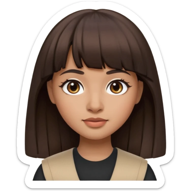In Apple Memoji format, a girl with dark brown hair. She has bangs and her hair is long. The girl has light brown skin and arab ethnic features sticker