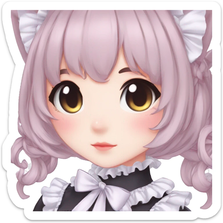 Gorgeous anime style catgirl with blushing face with maid outfit laces gothic Lolita idol model kawaiicore pastelcore cottagecore pearly petite simplistic aesthetic trending style sticker