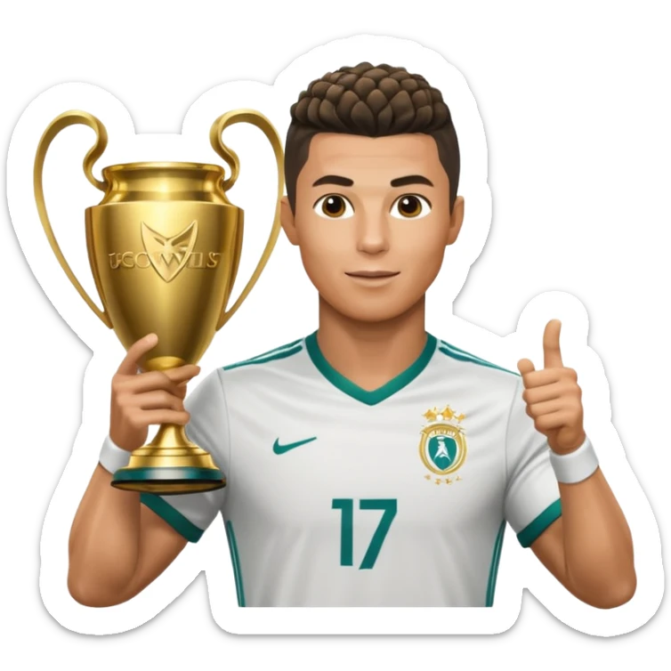 Cristiano Ronaldo holfing the champions league with noodle hair a bit longer noodle hair with a bit of blonde highlights and tge hair xoming down a bit just a bit of blonde not completely sticker