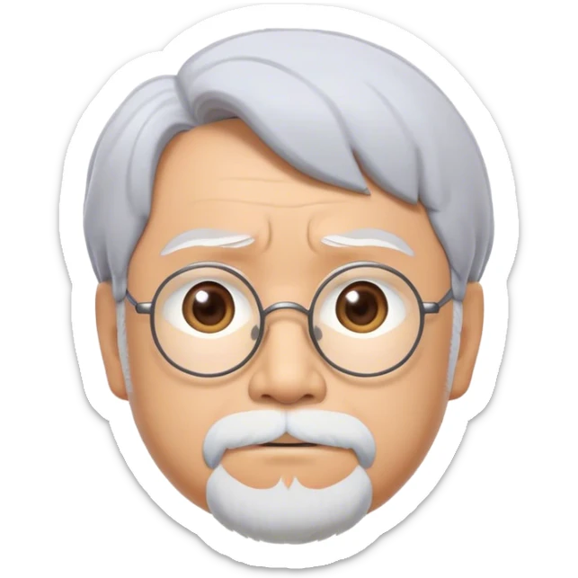 Cinematic Realistic Hayao Miyazaki Portrait Emoji, depicted as a visionary filmmaker with a gentle imaginative expression and artistic flair, rendered with delicate textures and soft enchanting lighting that captures his legendary storytelling. sticker