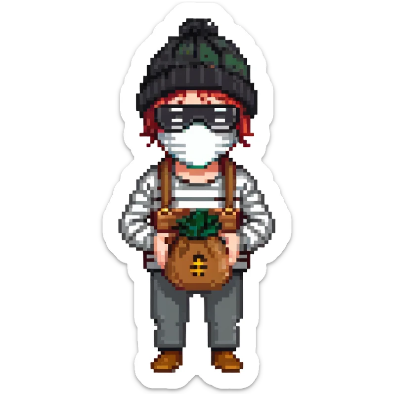 burglar with black and white striped shirt, black beanie, black mask over eyes, holding a moneybag sticker